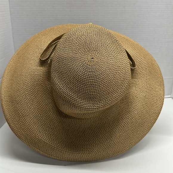 Eric Javits Hat Floppy Sun Shade Classic Straw Bow Ribbon Round Tan Brown 4.75" - Picture 3 of 9